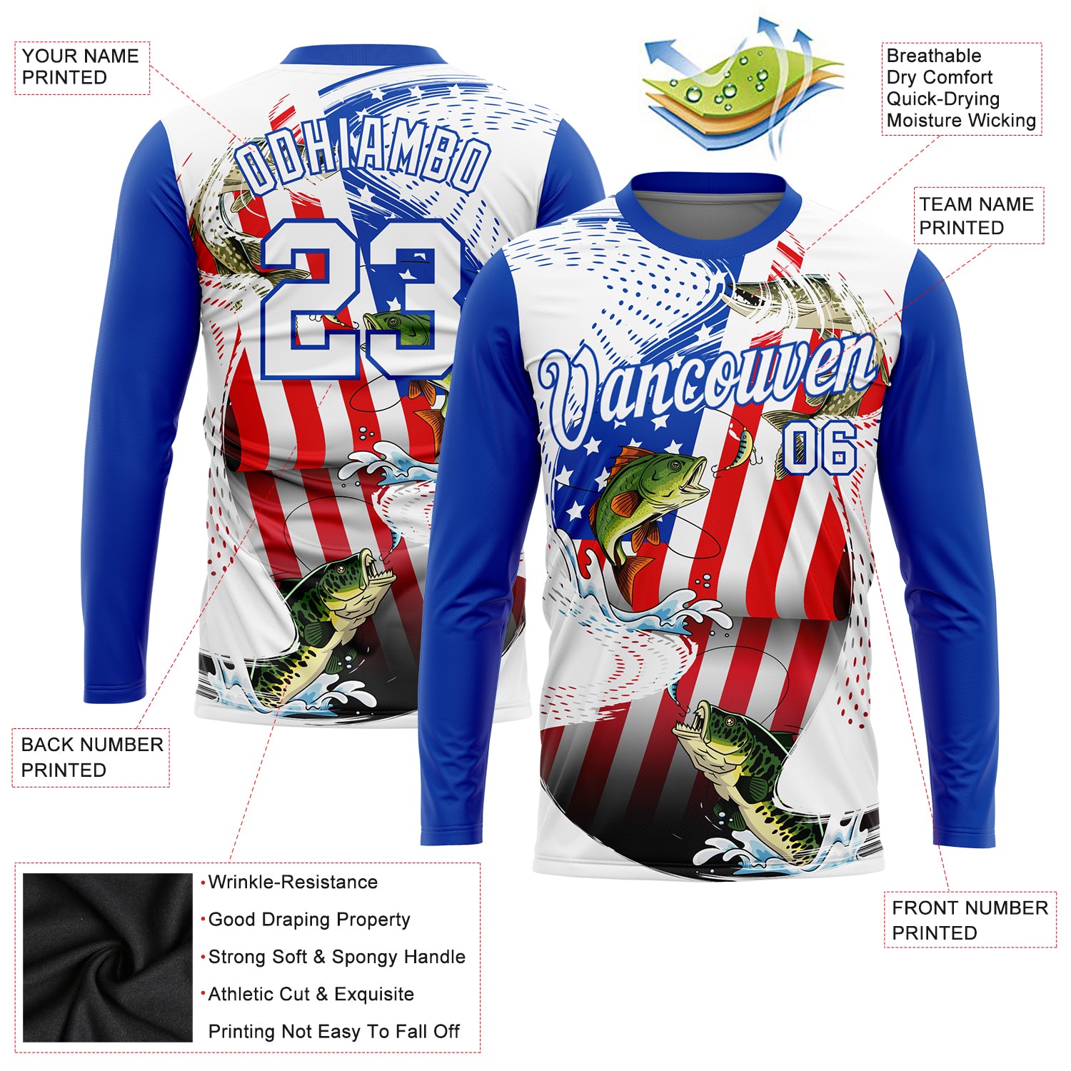 Custom White Fire Red-Thunder Blue Fishing Bass Fish American Flag Long Sleeve Performance T-Shirt