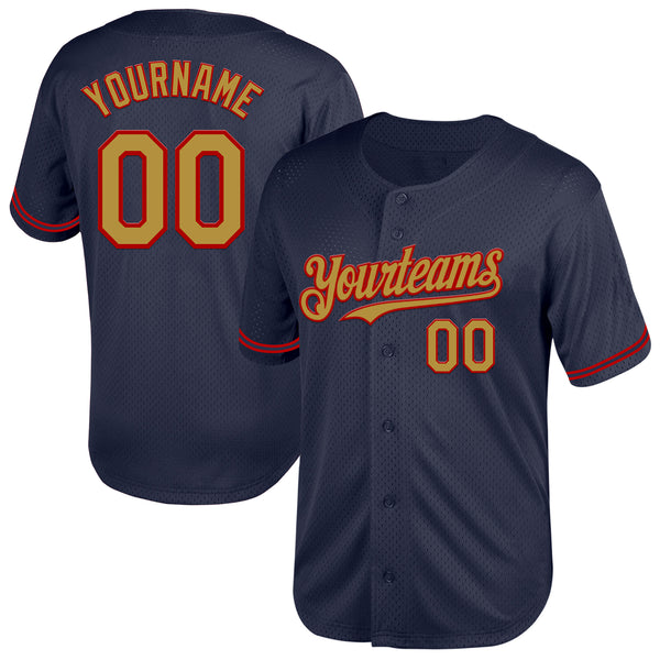 Custom Navy Old Gold-Red Mesh Authentic Throwback Baseball Jersey