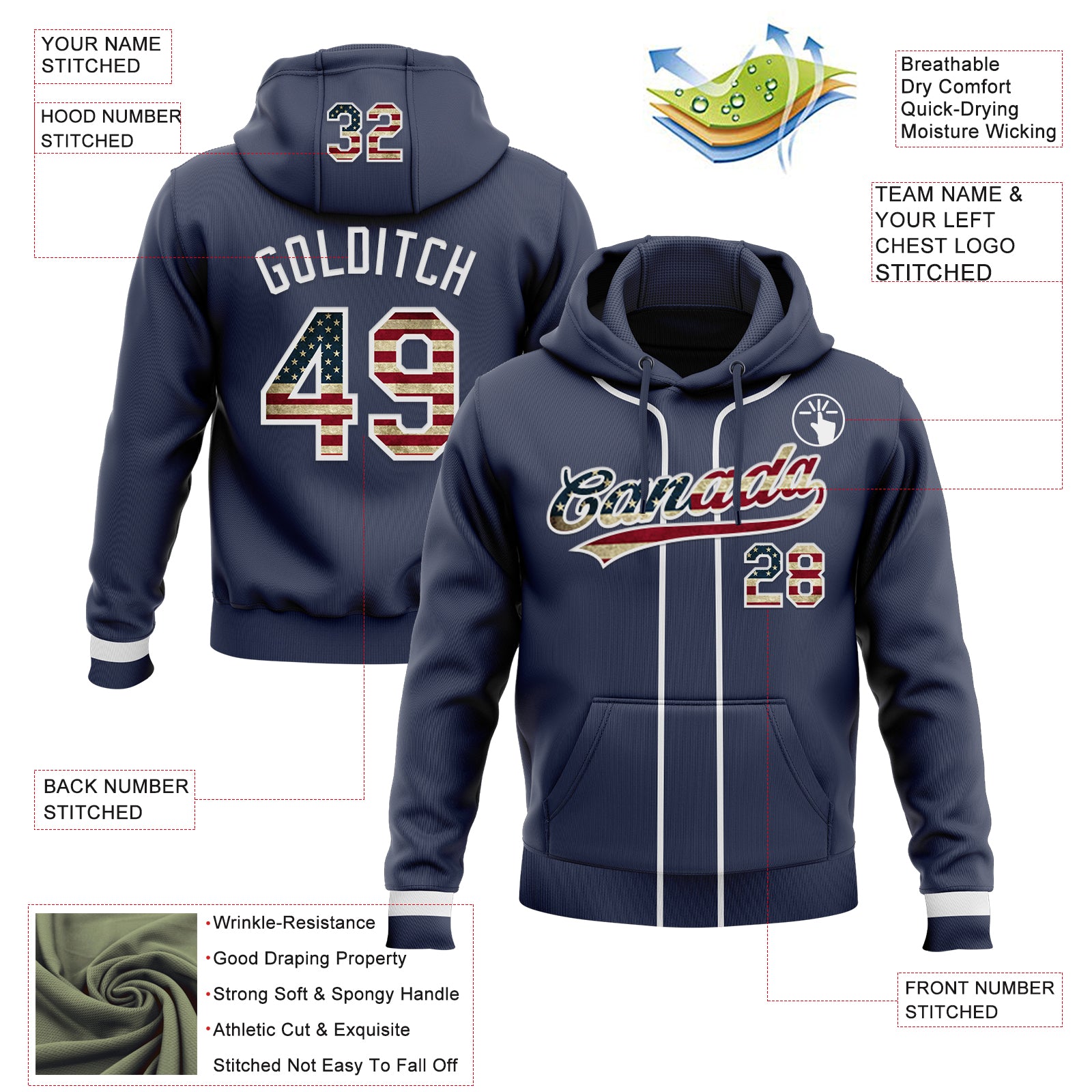 Custom Stitched Navy Vintage USA Flag-White Baseball Pullover Sweatshirt Hoodie