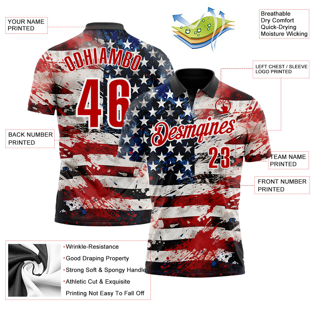 Custom Black Red-White 3D Bowling American Flag Performance Polo Shirt