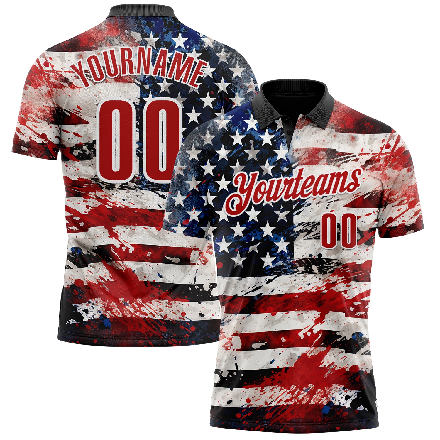 Custom Black Red-White 3D Bowling American Flag Performance Polo Shirt