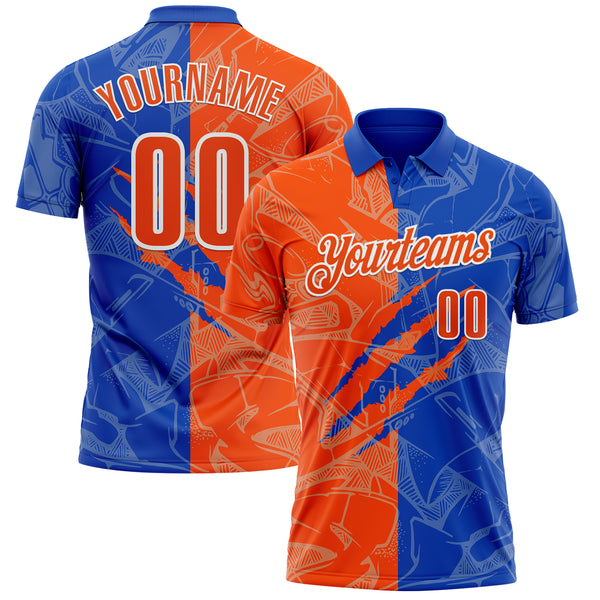 Custom Graffiti Pattern Orange Thunder Blue-White 3D Scratch Performance Polo Shirt