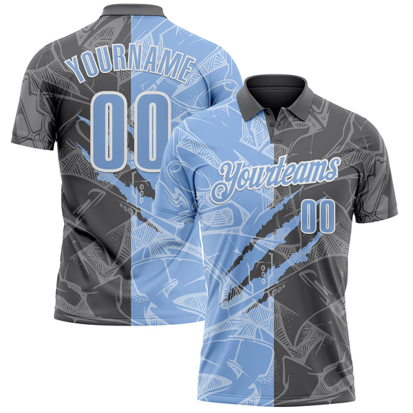 Custom Graffiti Pattern Light Blue Steel Gray-White 3D Scratch Performance Polo Shirt