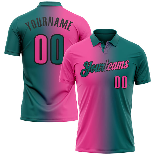 Custom Teal Pink-Black 3D Gradient Fashion Performance Polo Shirt