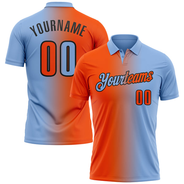 Custom Light Blue Orange-Black 3D Gradient Fashion Performance Polo Shirt