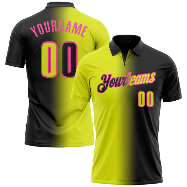 Custom Black Neon Yellow-Pink 3D Gradient Fashion Performance Polo Shirt