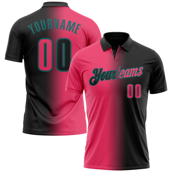 Custom Black Neon Pink-Teal 3D Gradient Fashion Performance Polo Shirt