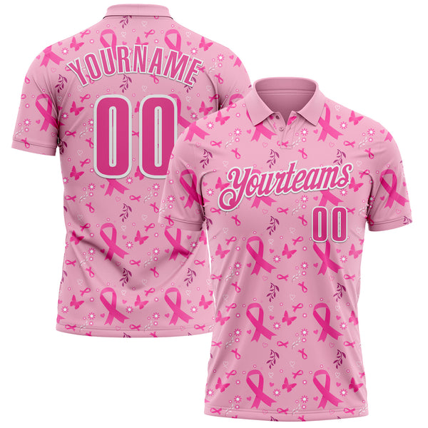 Custom Light Pink Pink-White 3D Pink Ribbon Breast Cancer Awareness Performance Polo Shirt