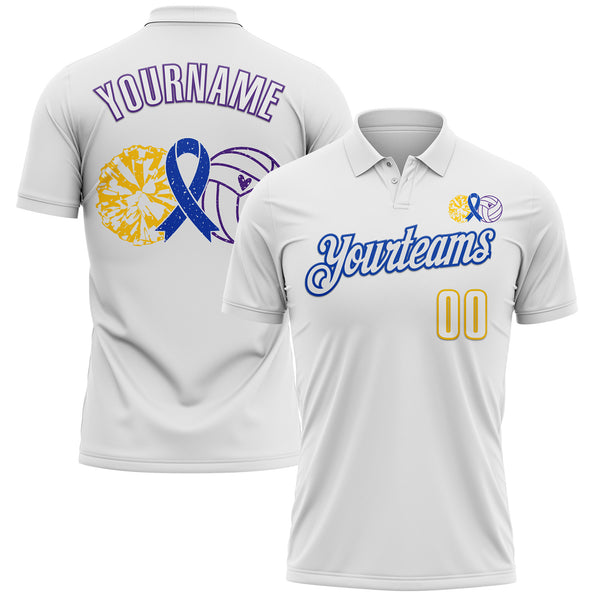 Custom White Yellow Thunder Blue-Purple 3D Pattern Design Dark Blue Ribbon Colorectal Cancer Awareness Colon Volleyball Performance Polo Shirt