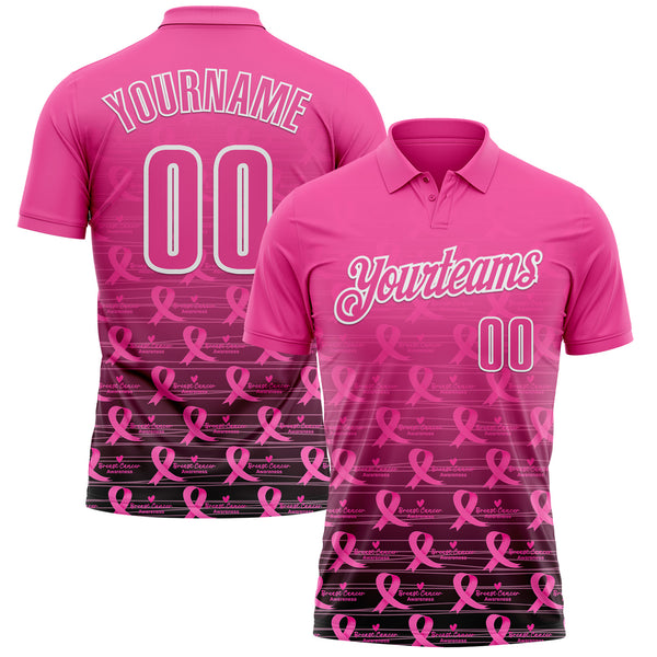 Custom Pink Black-White 3D Gradient Pink Ribbon Breast Cancer Awareness Performance Polo Shirt