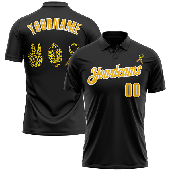 Custom Black Gold-White 3D Pattern Design Yellow Ribbon Bone Cancer Awareness Leopard Pattern Football Performance Polo Shirt