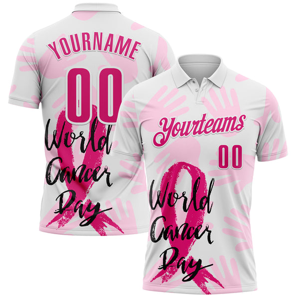 Custom White Hot Pink 3D Pink Ribbon Breast Cancer Awareness World Cancer Day Performance Polo Shirt
