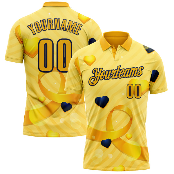 Custom Gold Navy 3D Pattern Design Yellow Ribbon Bone Cancer Awareness Performance Polo Shirt