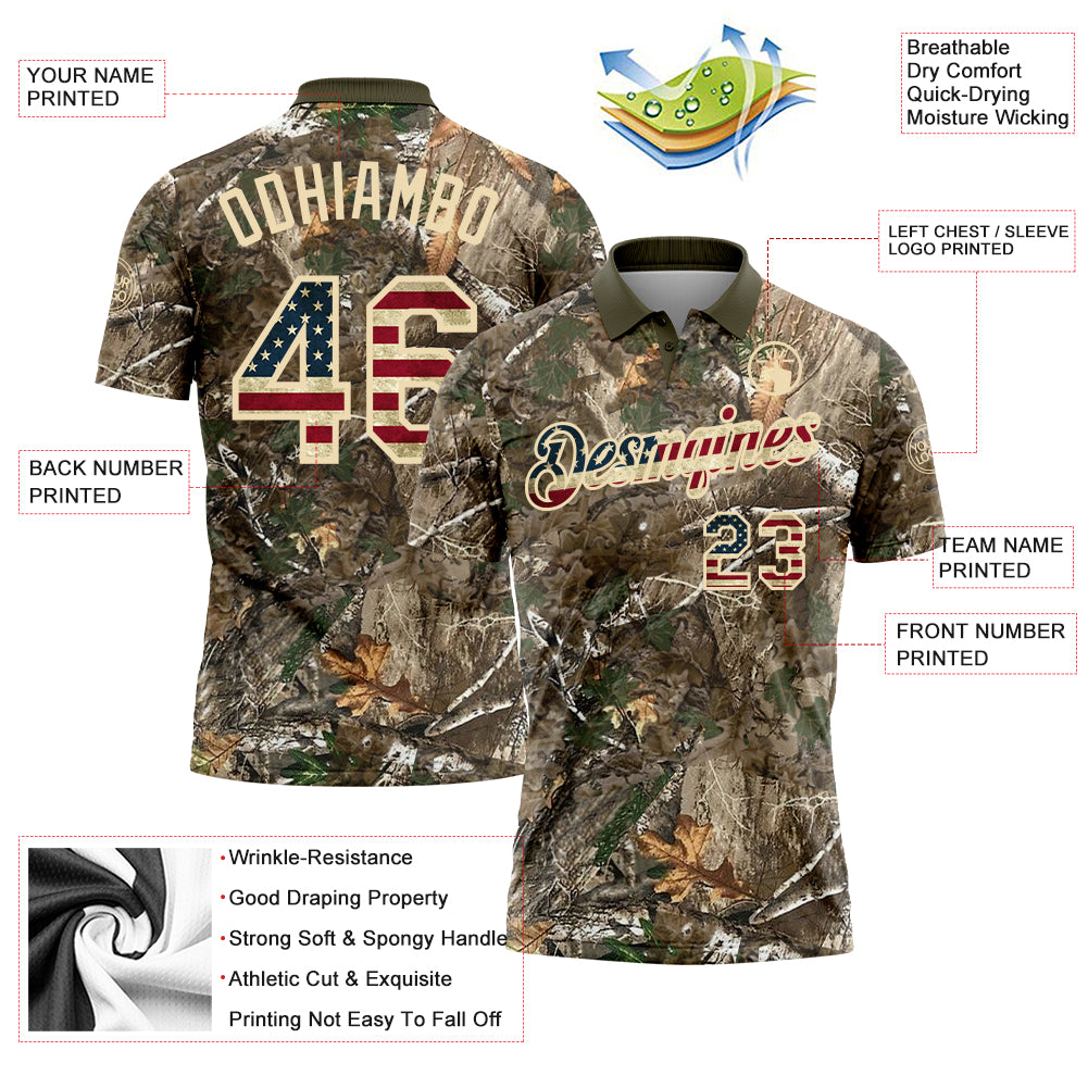 Custom Camo Vintage USA Flag Cream-Olive Camo Woodland Forest Camouflage Salute To Service Patriotic Performance Polo Shirt