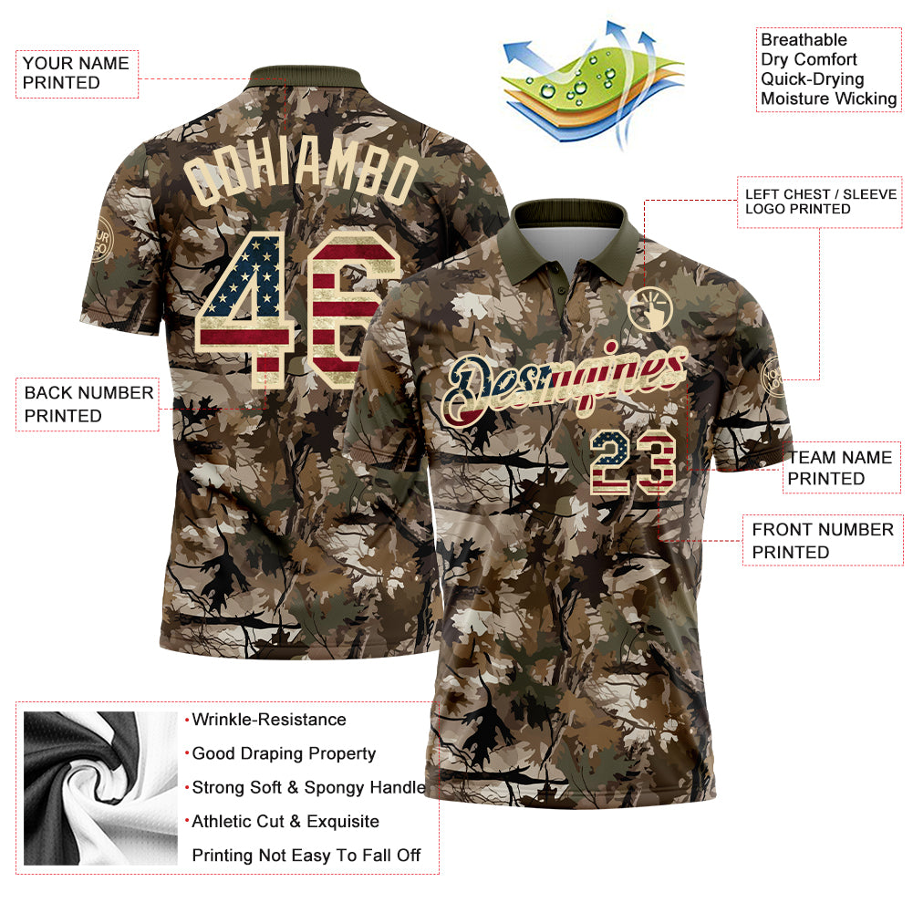 Custom Camo Vintage USA Flag Cream-Olive Camo Woodland Forest Camouflage Salute To Service Patriotic Performance Polo Shirt