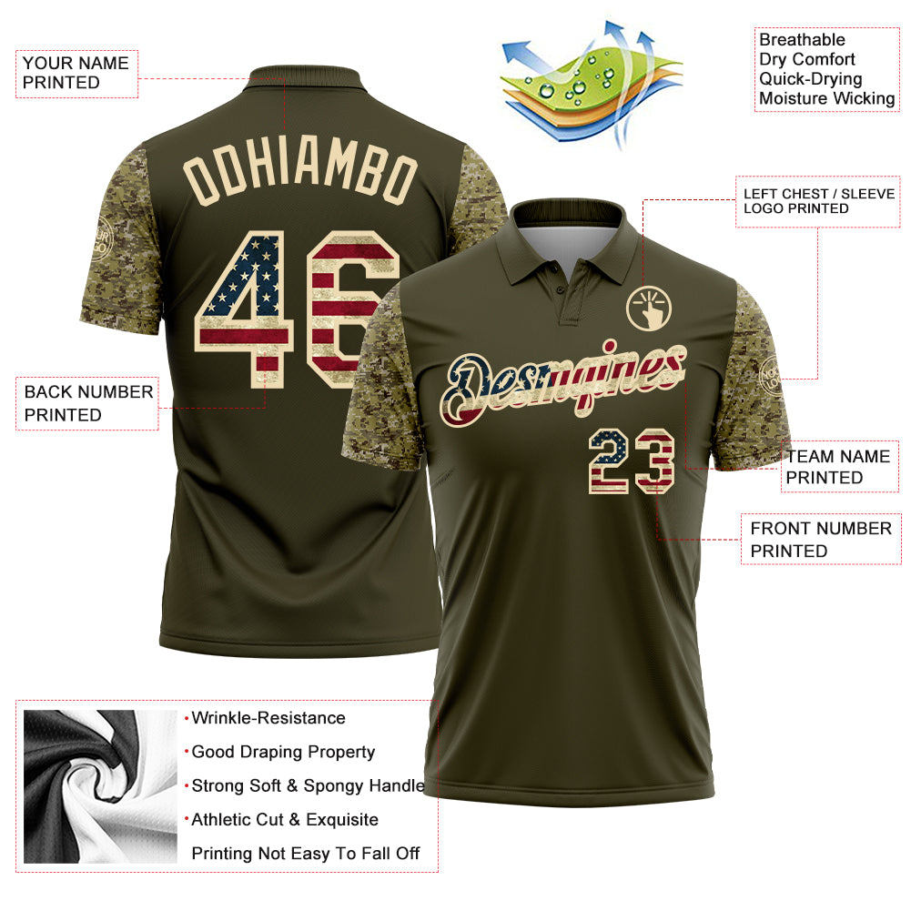 Custom Olive Vintage USA Flag-Cream Digital Camo Two Tone Patriotic Performance Polo Shirt