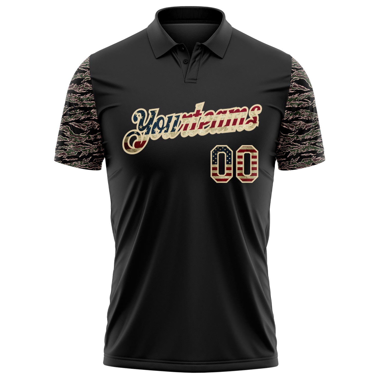Custom Black Vintage USA Flag-Cream Camo Two Tone Patriotic Performance Polo Shirt