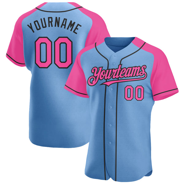 Custom Light Blue Pink-Black Authentic Raglan Sleeves Baseball Jersey