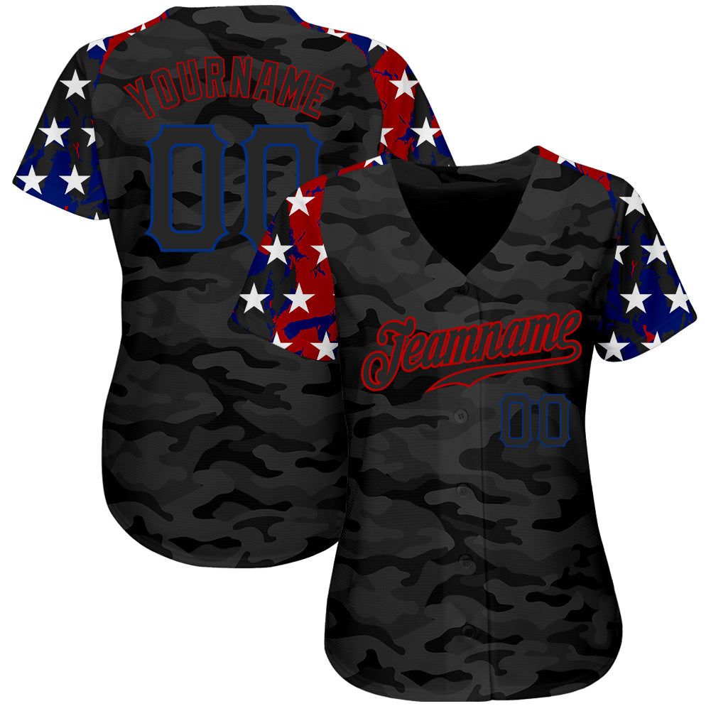 Custom Camo Black Royal-Red American Flag Star Raglan Sleeves Patriotic Authentic Baseball Jersey