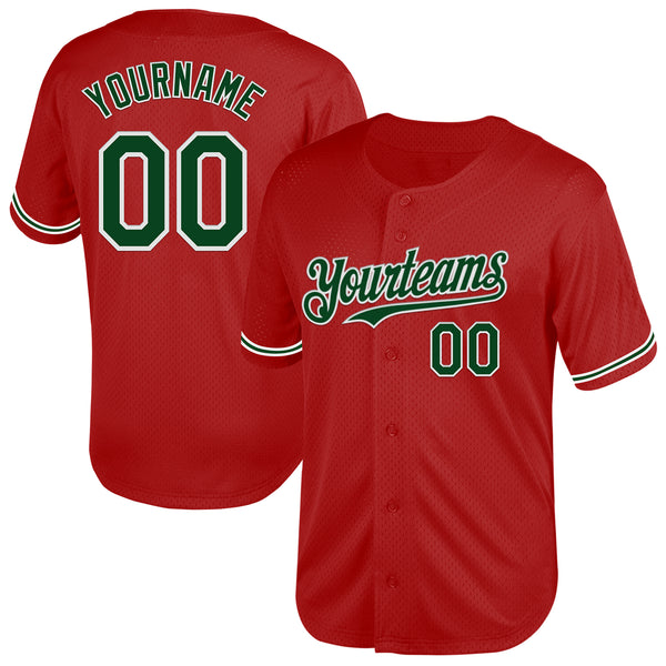 Custom Red Green-White Mesh Authentic Throwback Baseball Jersey