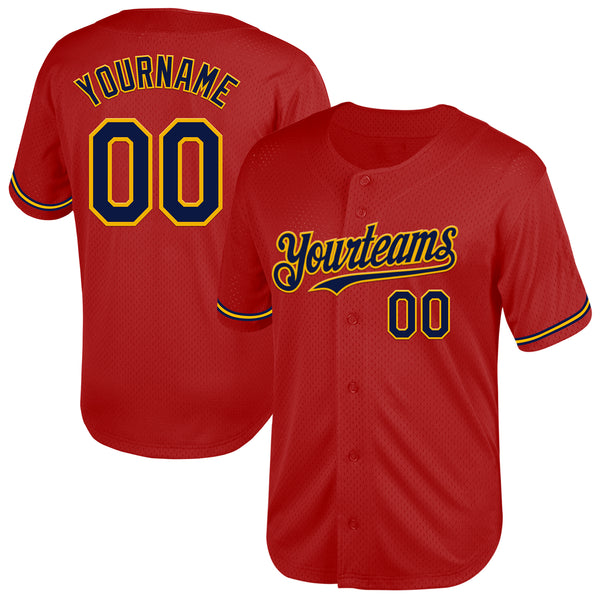 Custom Red Navy-Gold Mesh Authentic Throwback Baseball Jersey