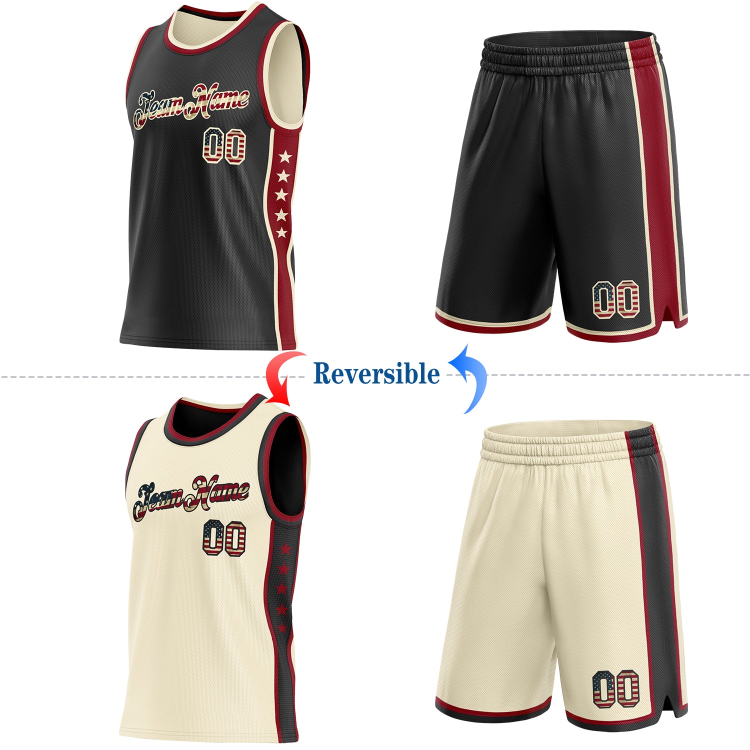 Custom Reversible Black Vintage USA Flag-Cream Double Side Star Sublimation Basketball Suit Jersey