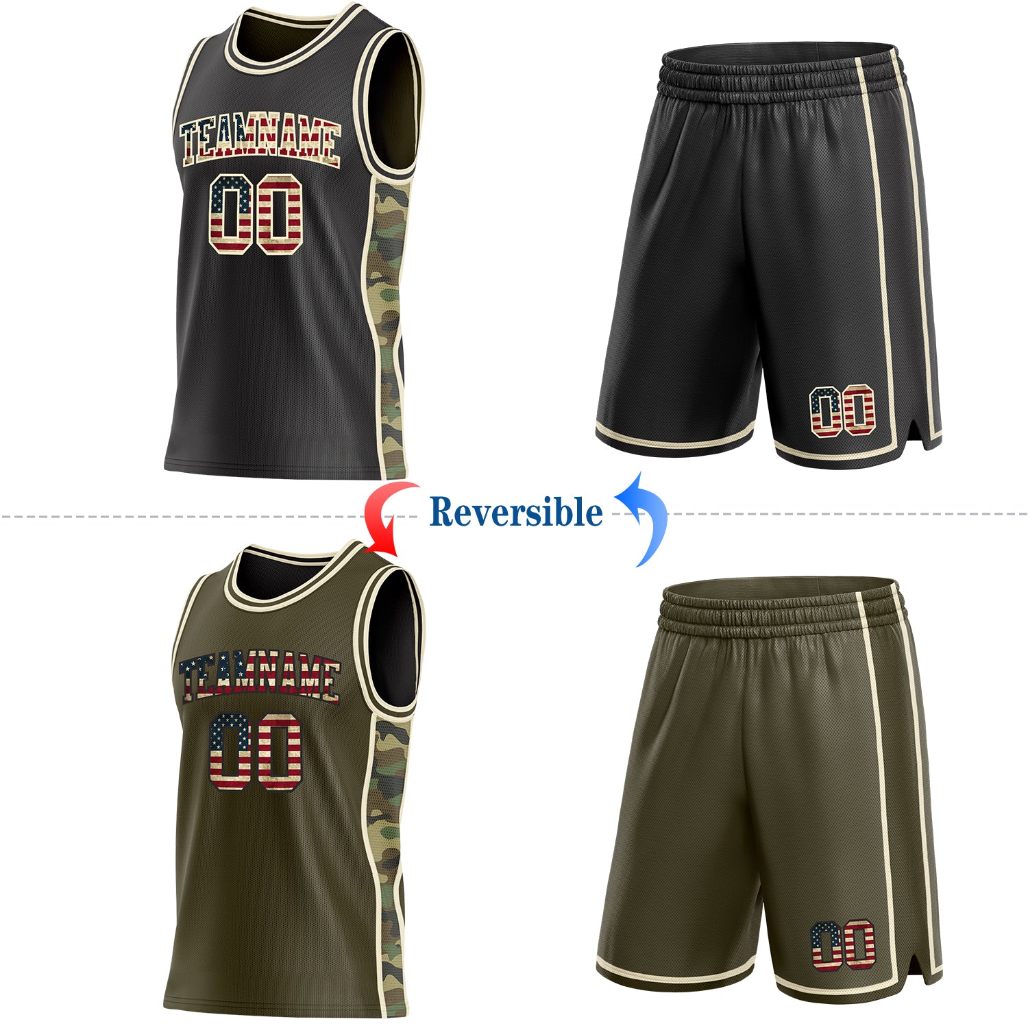 Custom Black(Olive) Vintage USA Flag-Cream Camo Side Panel Stripe Reversible Double Side Sublimation Basketball Set Jersey
