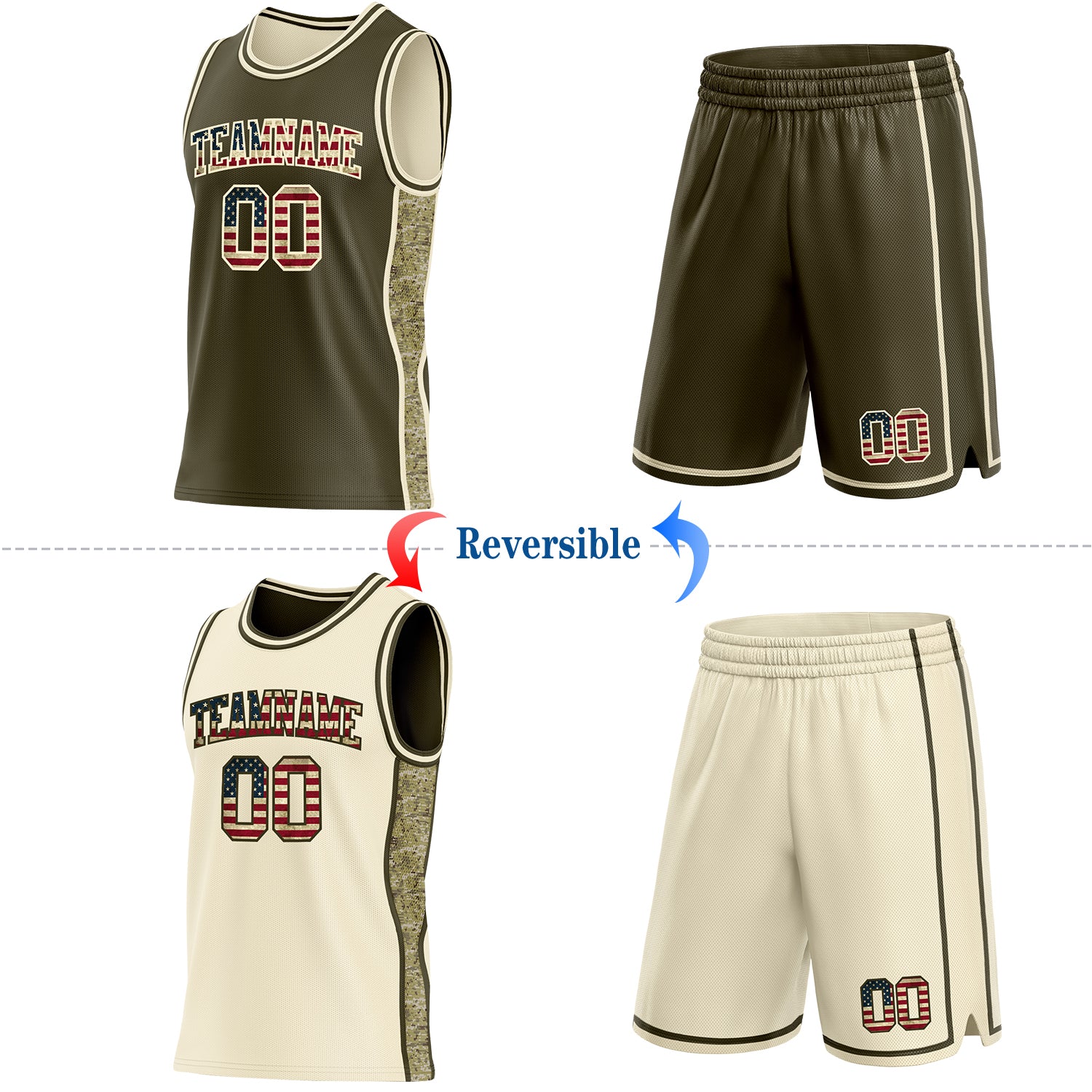 Custom Olive Vintage USA Flag-Cream Camo Side Panel Stripe Reversible Double Side Sublimation Basketball Set Jersey
