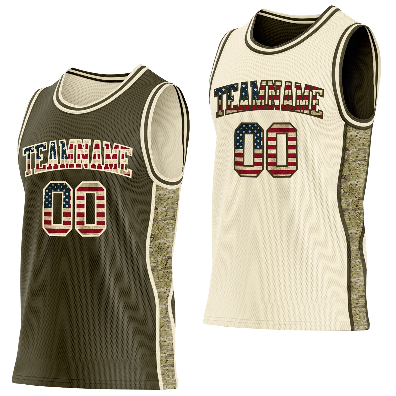 Custom Olive Vintage USA Flag-Cream Camo Side Panel Stripe Reversible Double Side Sublimation Basketball Set Jersey