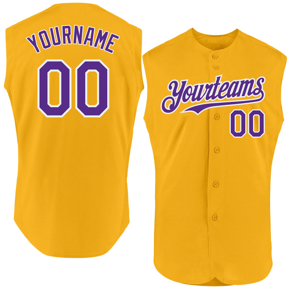 Custom Gold Purple-White Authentic Sleeveless Baseball Jersey