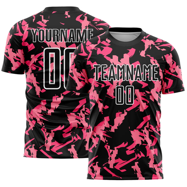 Custom Black Pink-White Abstract Geometric Pattern Sublimation Soccer Uniform Jersey