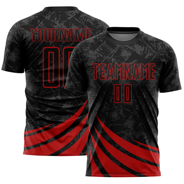 Custom Black Red Wind Shapes Sublimation Soccer Uniform Jersey