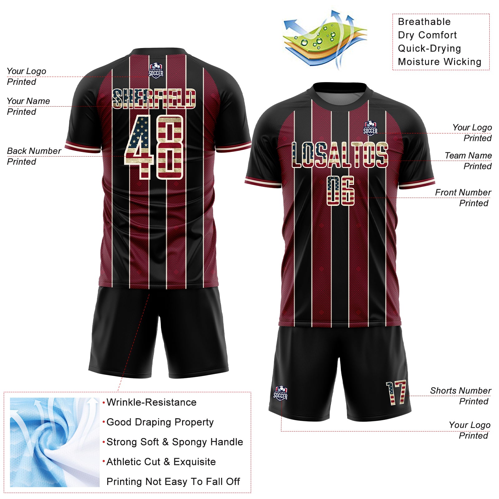 Custom Black Vintage USA Flag Crimson-Cream Pinstripe Line Sports Sublimation Soccer Uniform Jersey