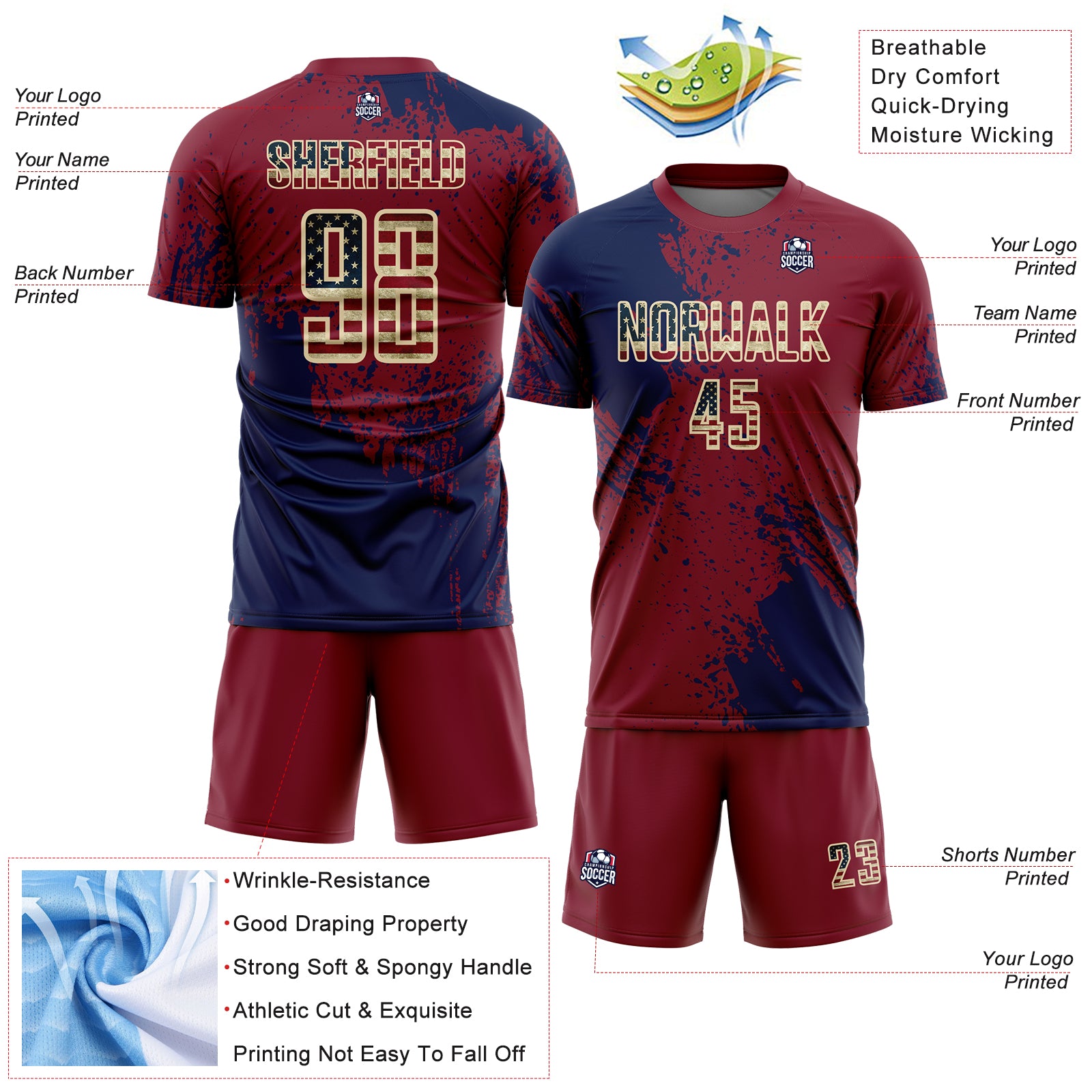 Custom Crimson Vintage USA Flag Navy-Cream Abstract Brush Stroke Sports Sublimation Soccer Uniform Jersey