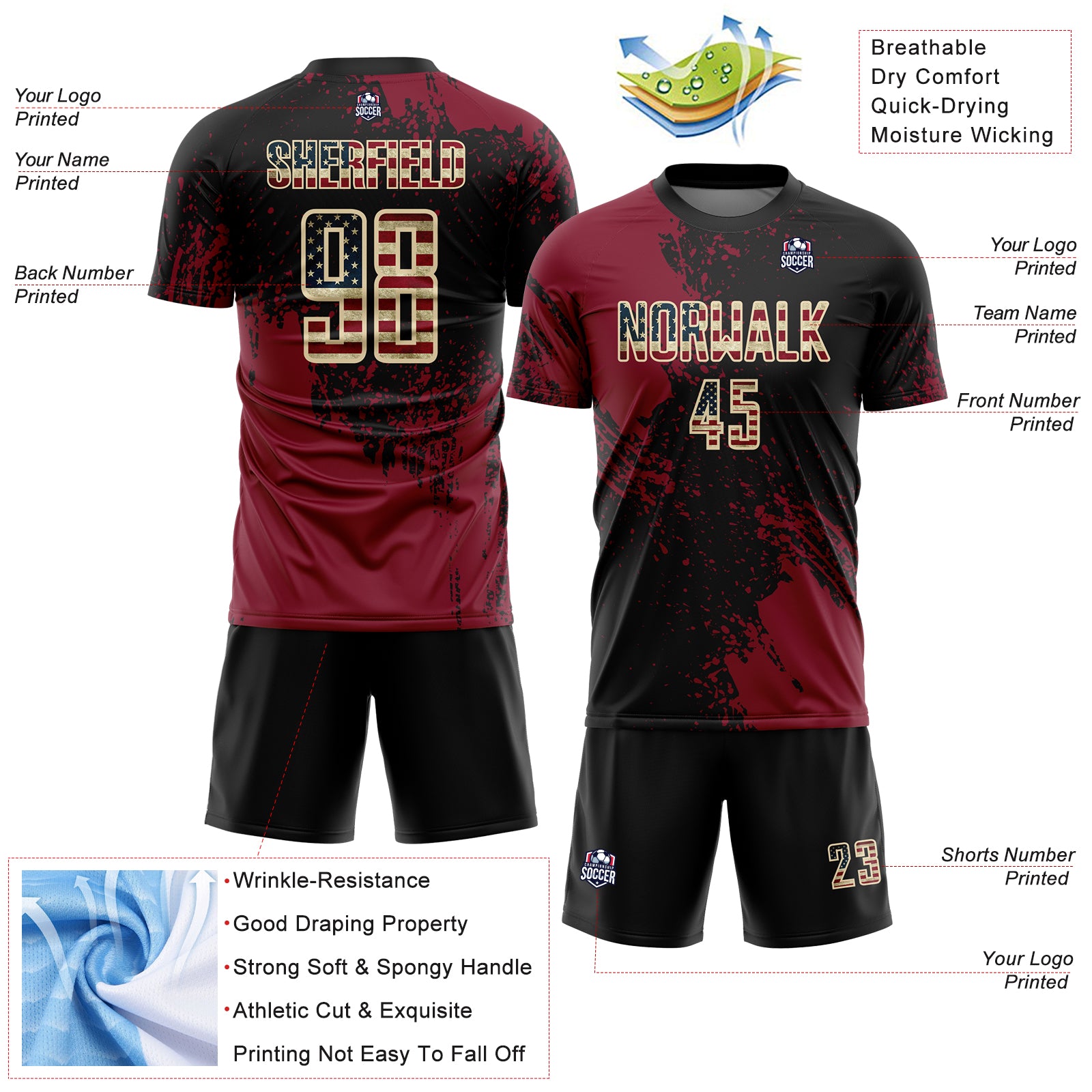 Custom Black Vintage USA Flag Crimson-Cream Abstract Brush Stroke Sports Sublimation Soccer Uniform Jersey