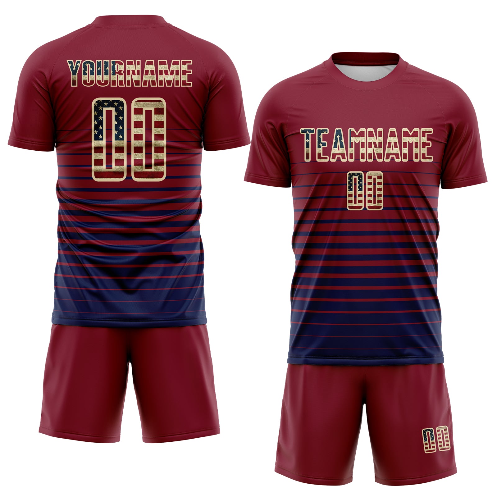 Custom Crimson Vintage USA Flag Cream-Navy Gradient Pinstripe Sublimation Soccer Uniform Jersey