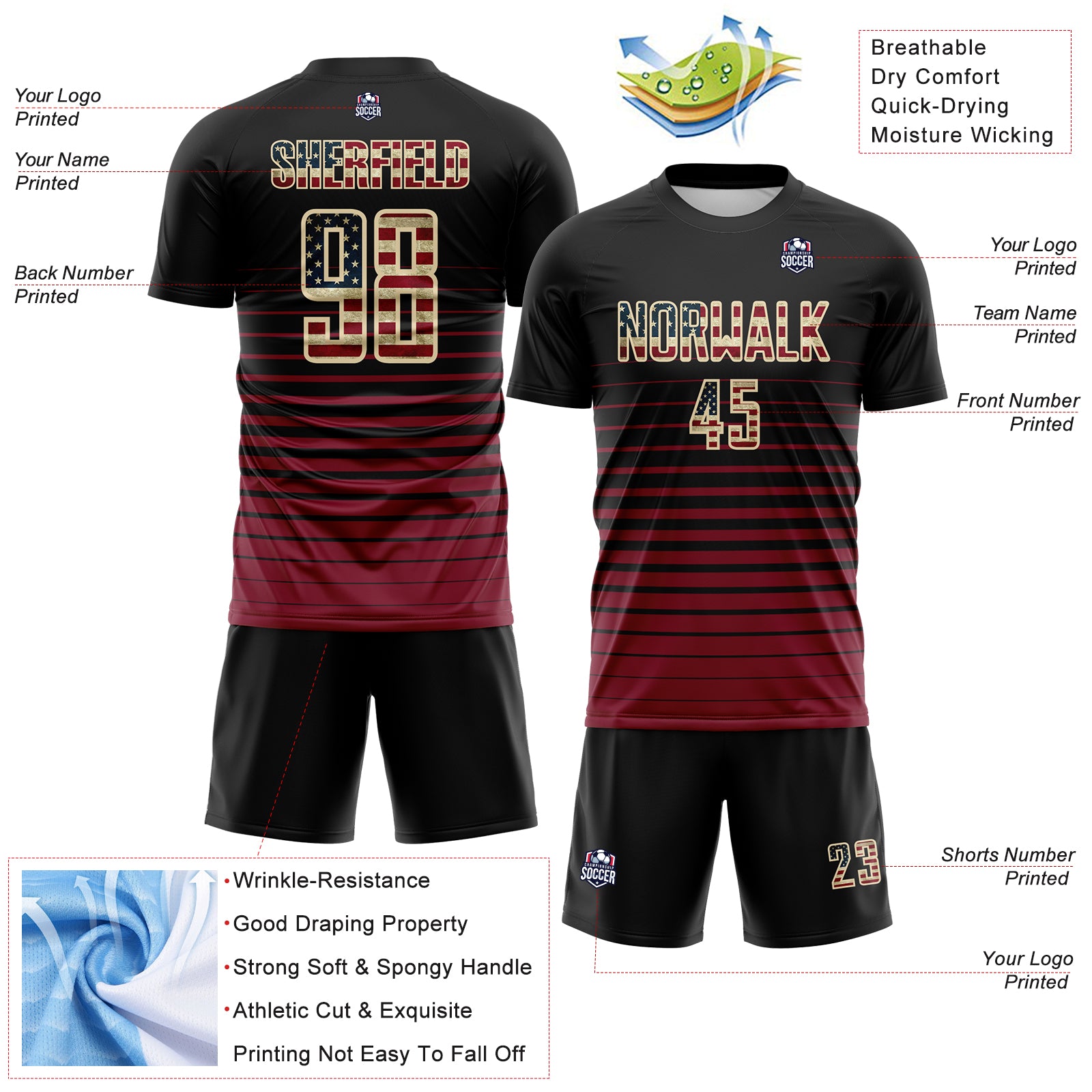 Custom Black Vintage USA Flag Cream-Crimson Gradient Pinstripe Sublimation Soccer Uniform Jersey