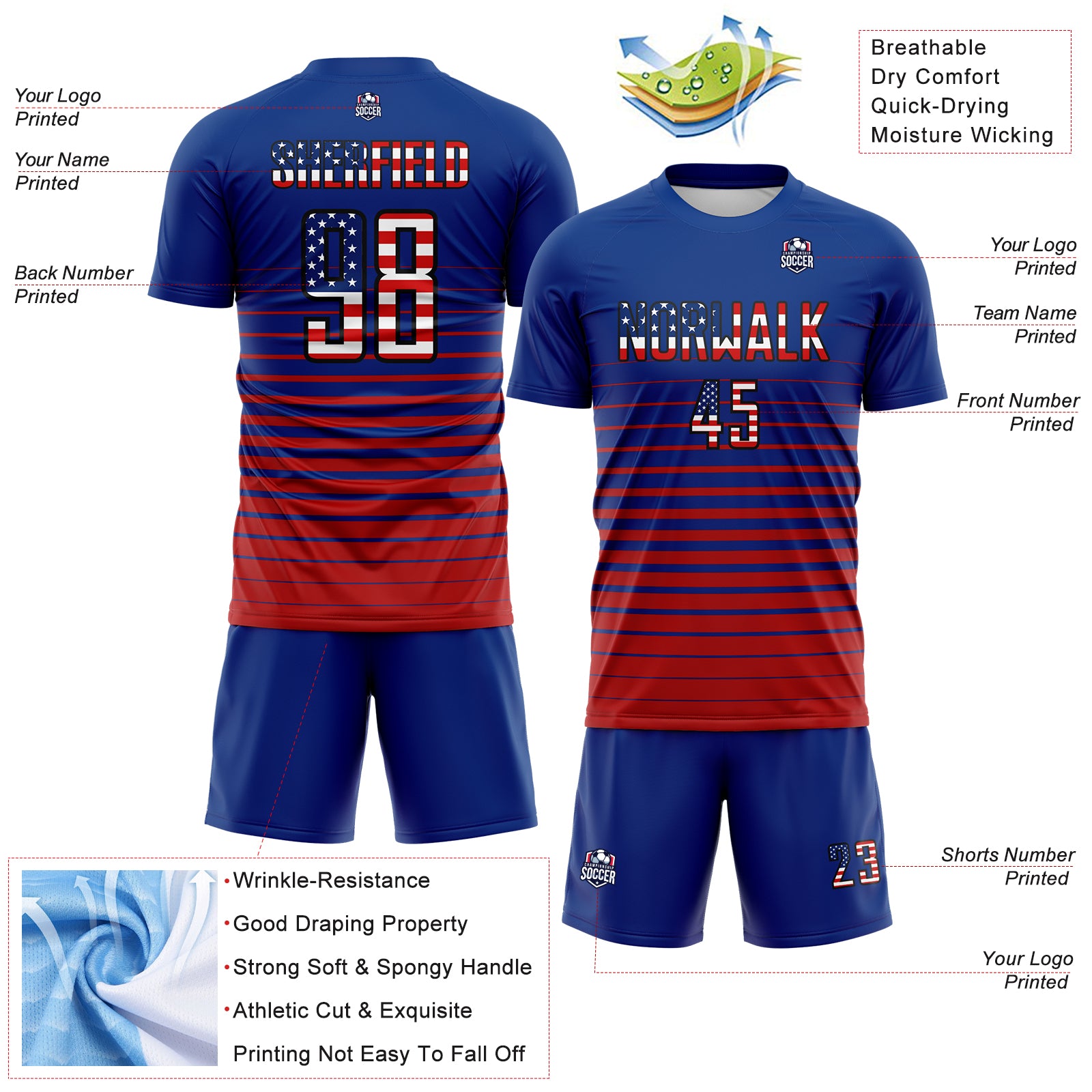 Custom Royal Vintage USA Flag Black-Red Gradient Pinstripe Sublimation Soccer Uniform Jersey
