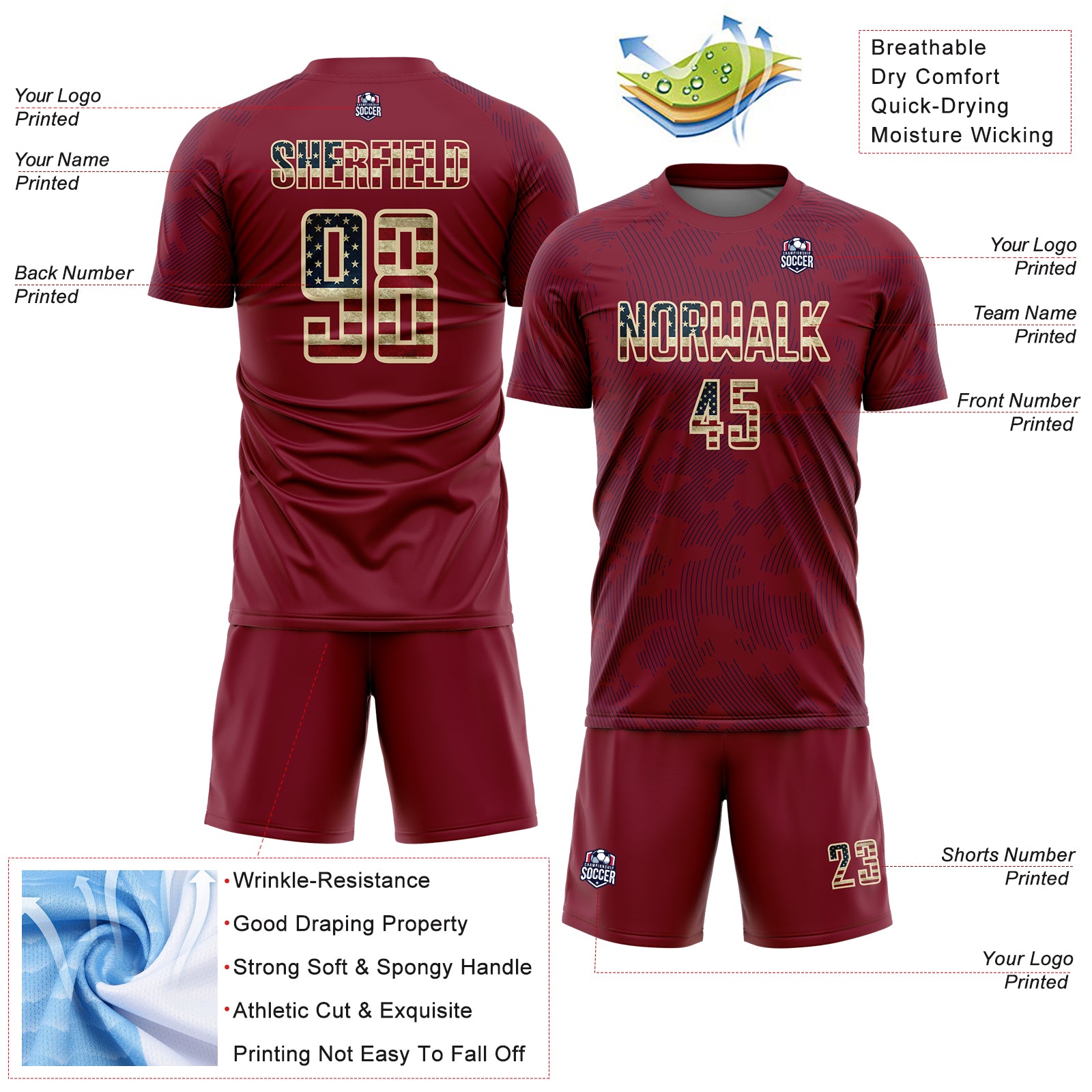 Custom Crimson Vintage USA Flag Navy-Cream Curve Lines Sublimation Soccer Uniform Jersey