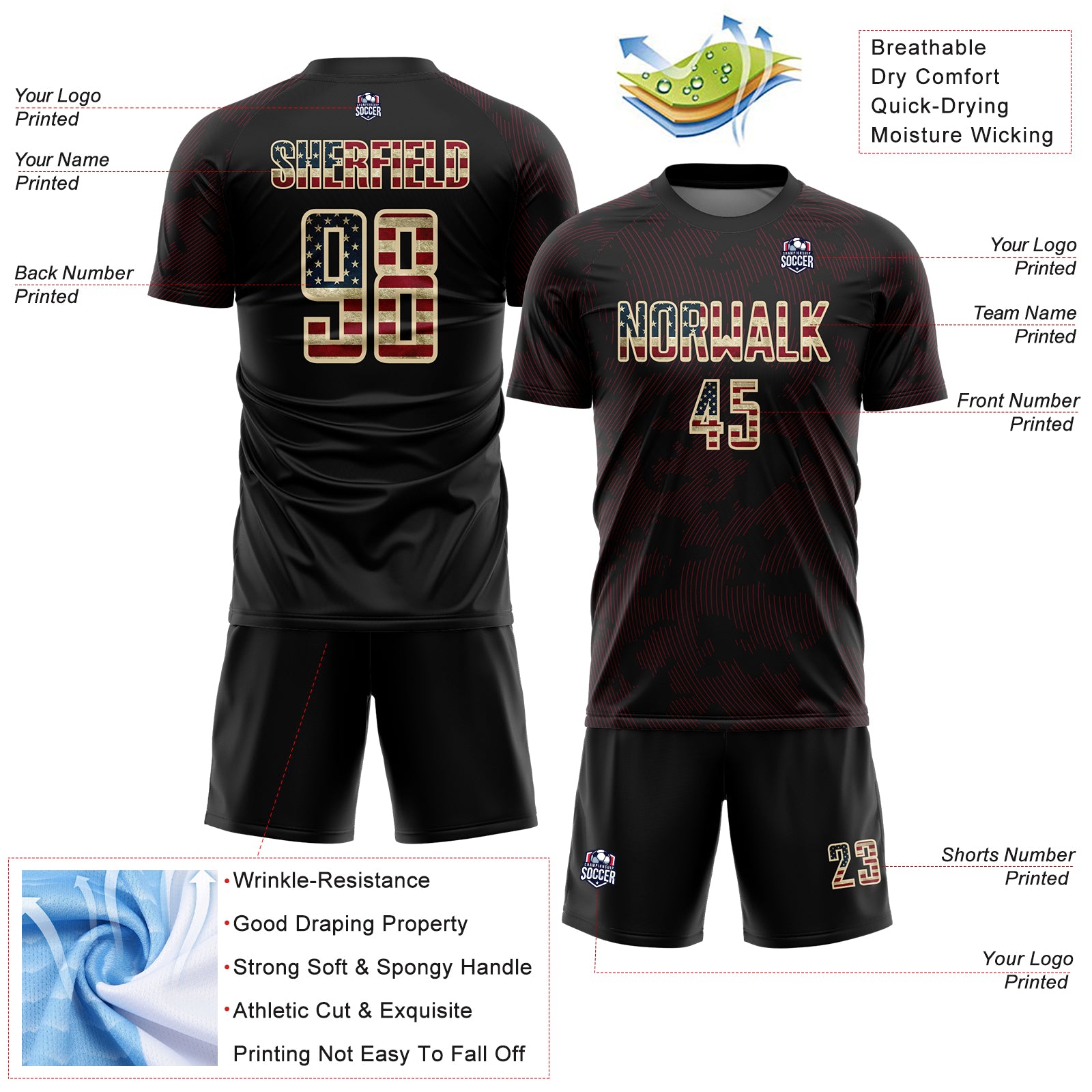 Custom Black Vintage USA Flag Crimson-Cream Curve Lines Sublimation Soccer Uniform Jersey