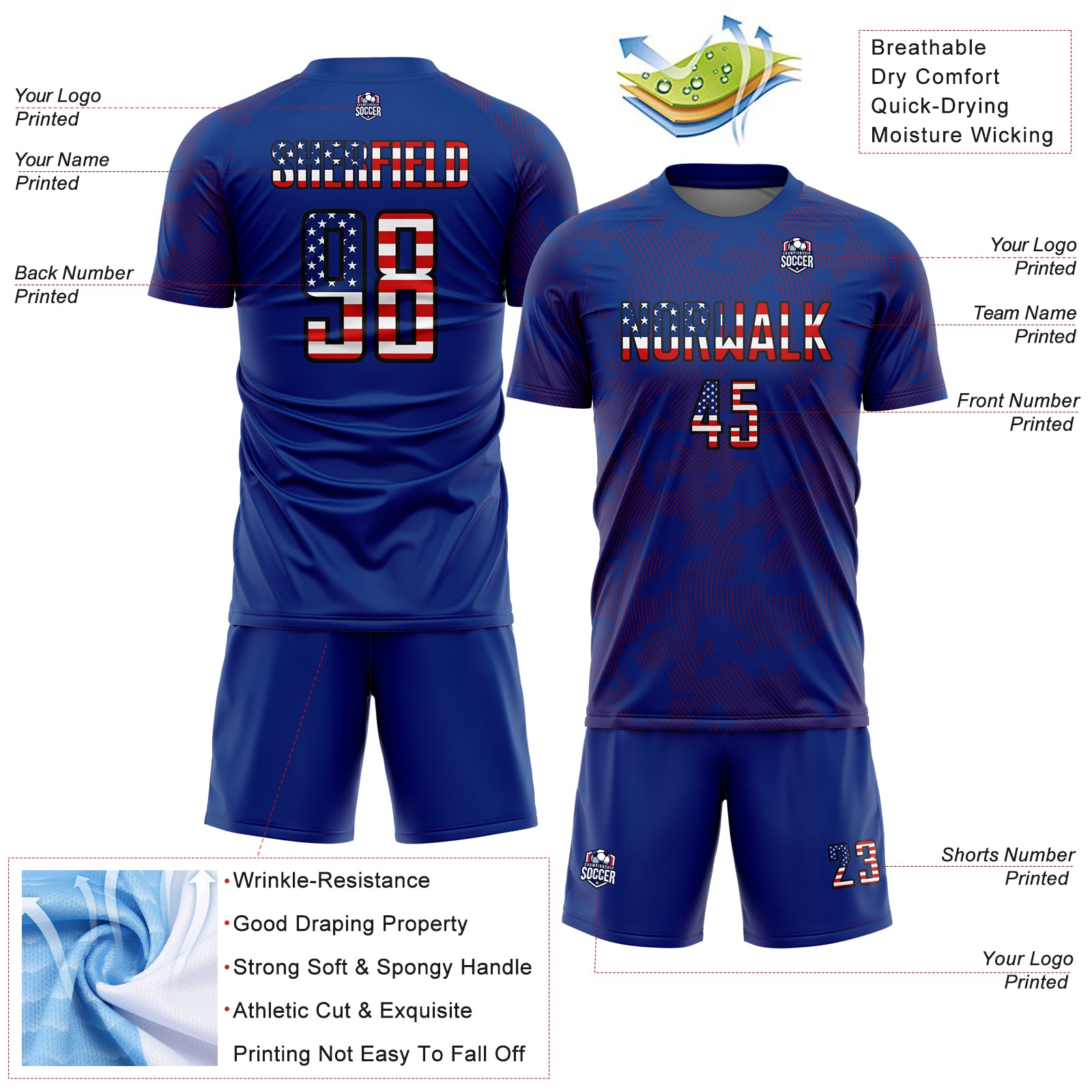 Custom Royal USA Flag Red-Black Curve Lines Sublimation Soccer Uniform Jersey