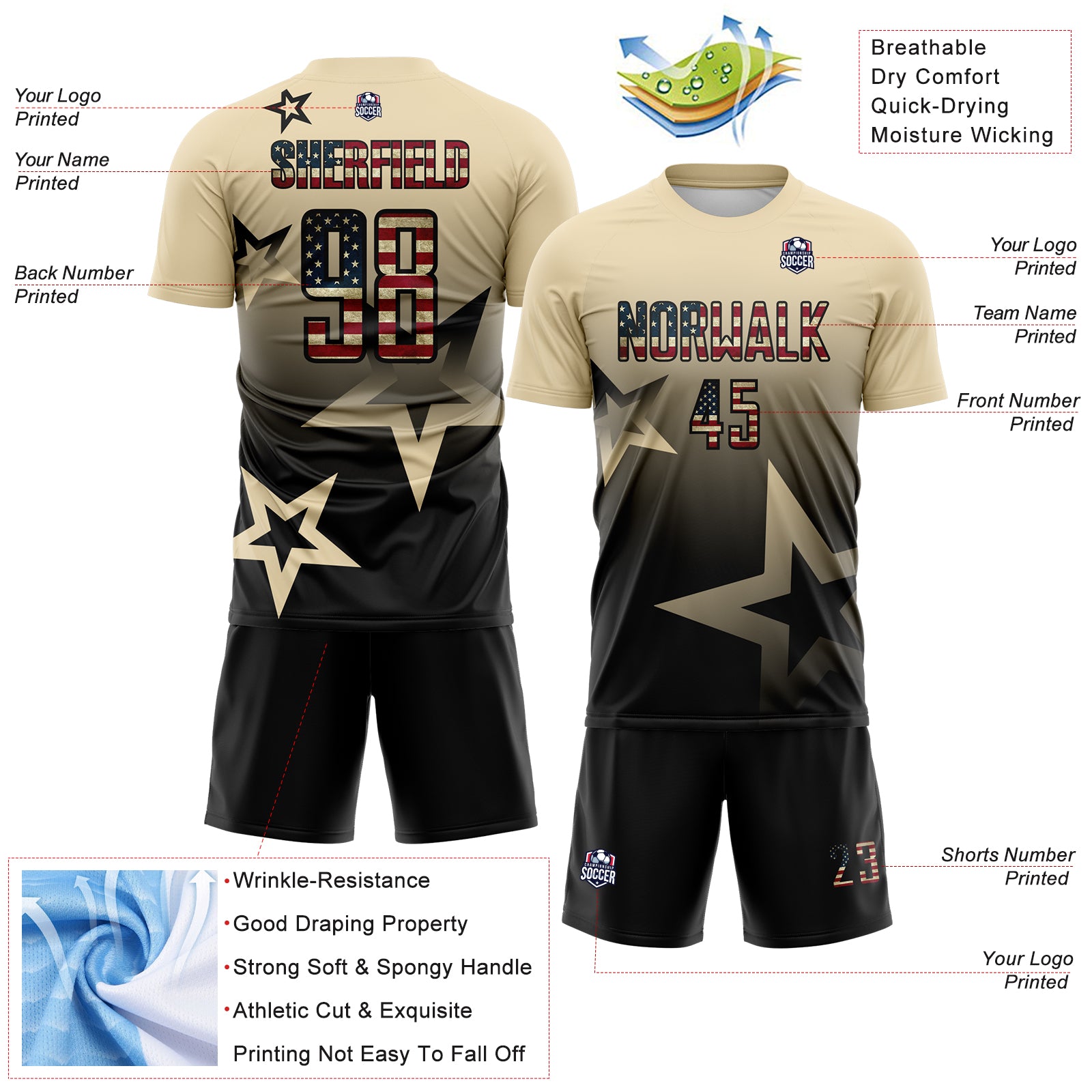 Custom Cream Vintage USA Flag-Black Gradient Style Twinkle Star Sublimation Soccer Uniform Jersey