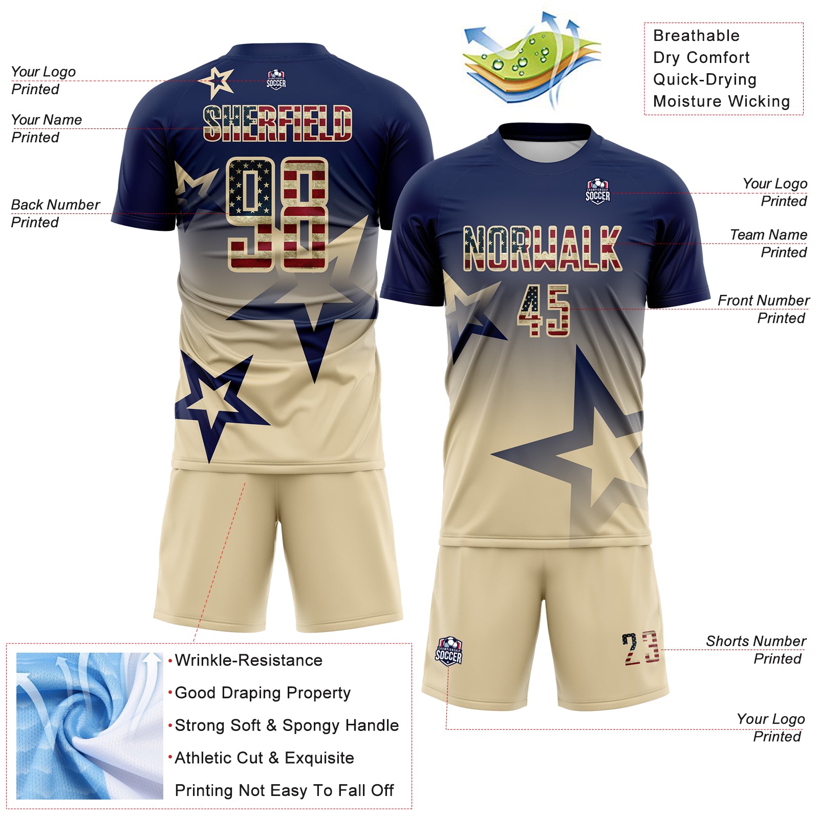 Custom Navy Vintage USA Flag-Cream Gradient Style Twinkle Star Sublimation Soccer Uniform Jersey