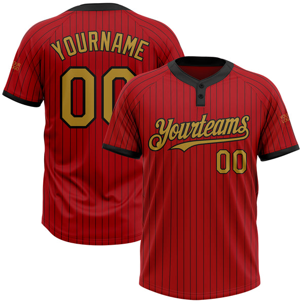 Custom Red Black Pinstripe Old Gold Two-Button Unisex Softball Jersey