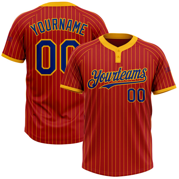 Custom Red Gold Pinstripe Royal Two-Button Unisex Softball Jersey