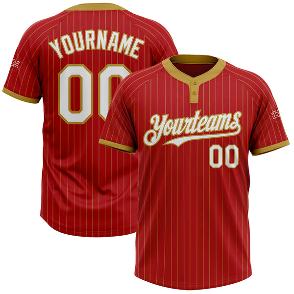 Custom Red Old Gold Pinstripe White Two-Button Unisex Softball Jersey