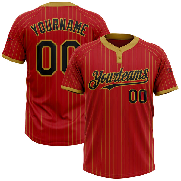 Custom Red Old Gold Pinstripe Black Two-Button Unisex Softball Jersey