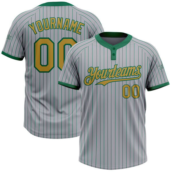 Custom Gray Kelly Green Pinstripe Old Gold Two-Button Unisex Softball Jersey