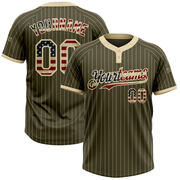 Custom Olive Cream Pinstripe Vintage USA Flag Salute To Service Two-Button Unisex Softball Jersey