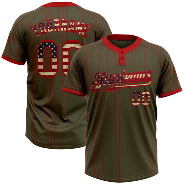 Custom Olive Red Pinstripe Vintage USA Flag Salute To Service Two-Button Unisex Softball Jersey